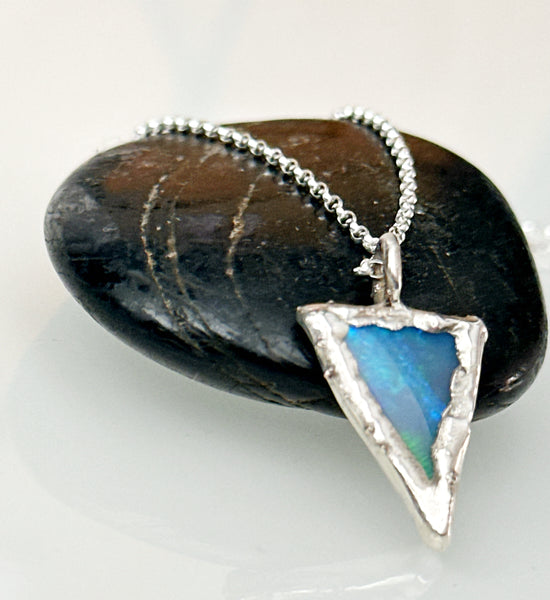 Solid Opal Silver Formed Textured Pendant Necklace