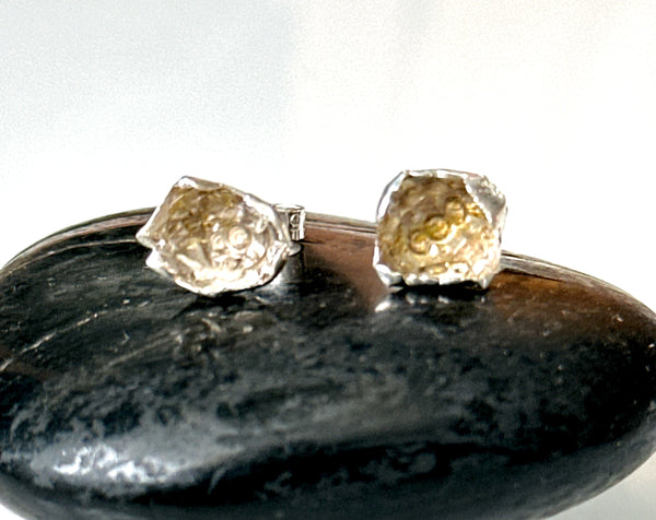 Golden Enhydro (Petroleum Diamond Quartz) Silver Stud Earrings