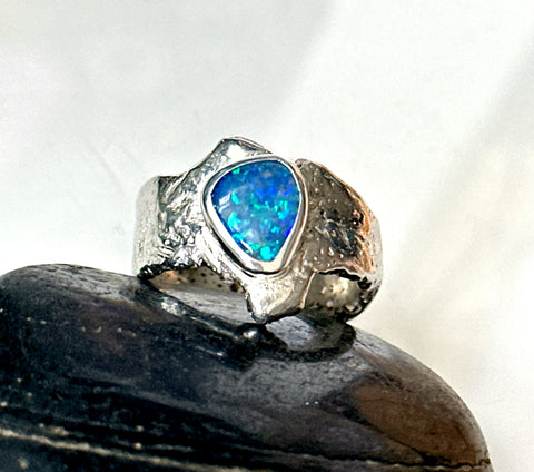 Solid Lightning Ridge Opal Sterling Silver Textured Ring