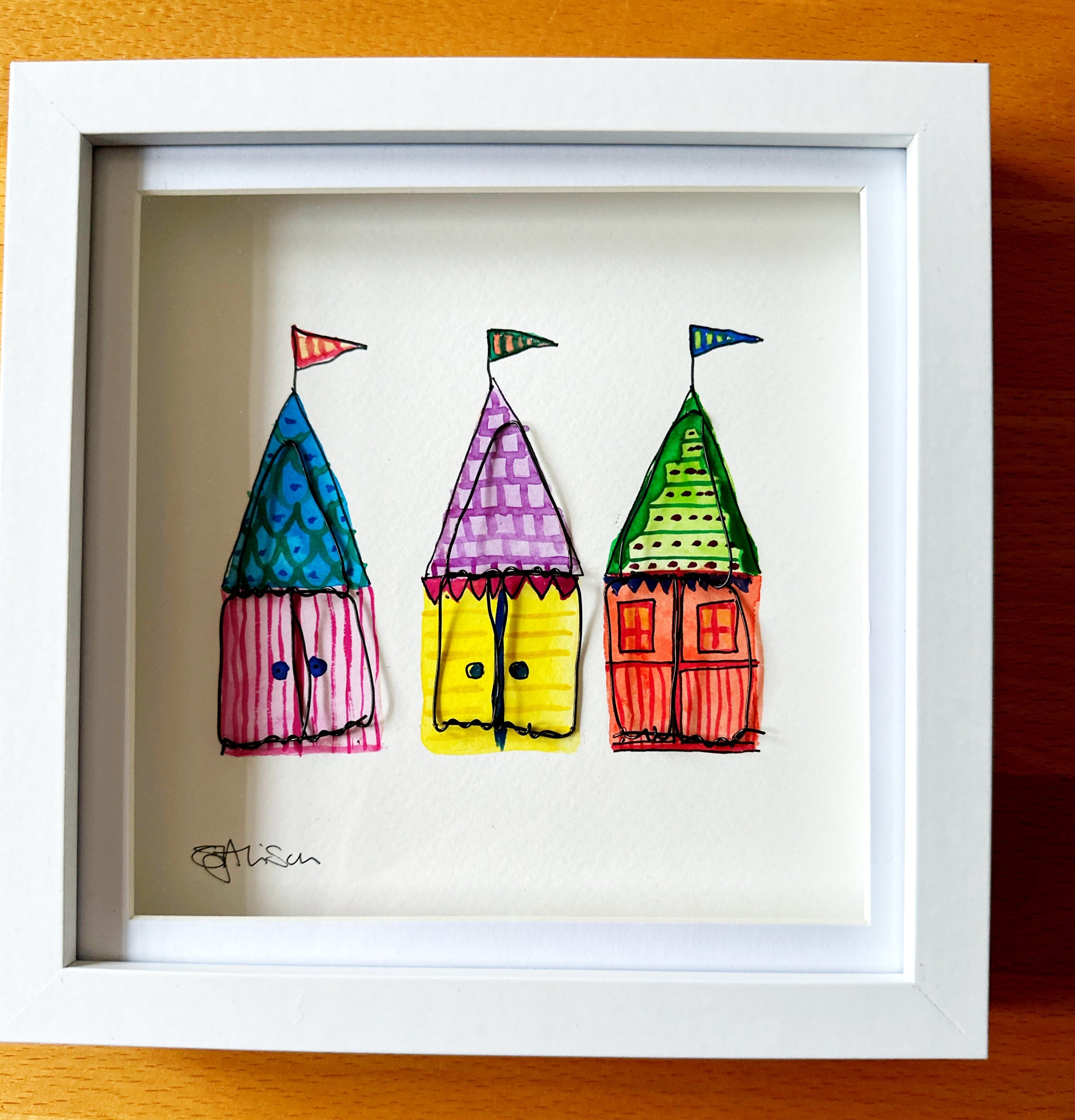 Beach Huts watercolour with wire sculpture framed art