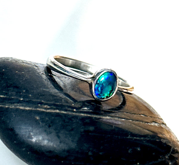 Solid Black Lightning Ridge Opal Sterling Silver Ring