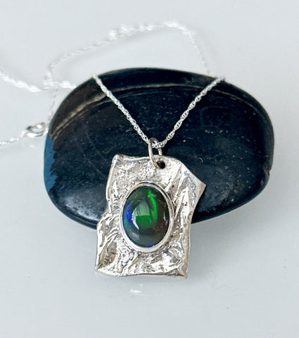 Solid Welo Black Opal Silver Textured Pendant Necklace