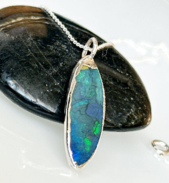 Solid Mintabie Crystal Opal Silver Pendant Necklace