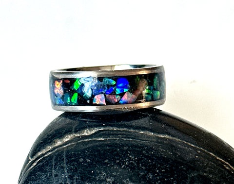 Opal Inlay Titanium Unisex Ring