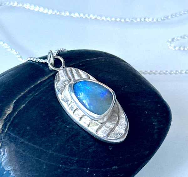 Lightning Ridge Opal Sterling Silver Cuttlefish Cast Pendant Necklace