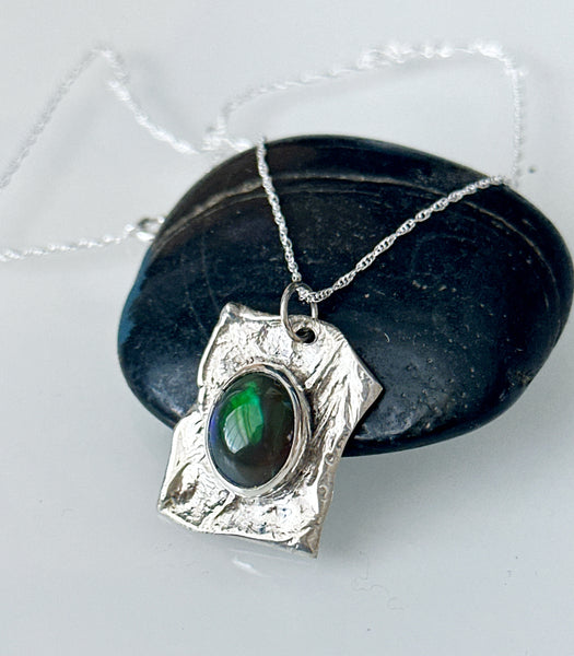 Solid Welo Black Opal Silver Textured Pendant Necklace