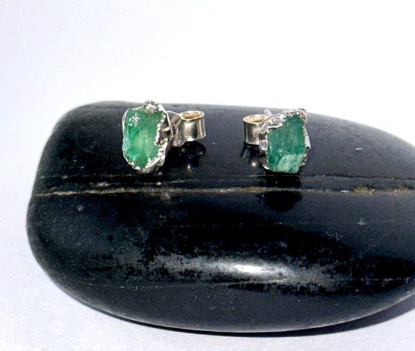 Rough Emerald Silver Stud Earrings