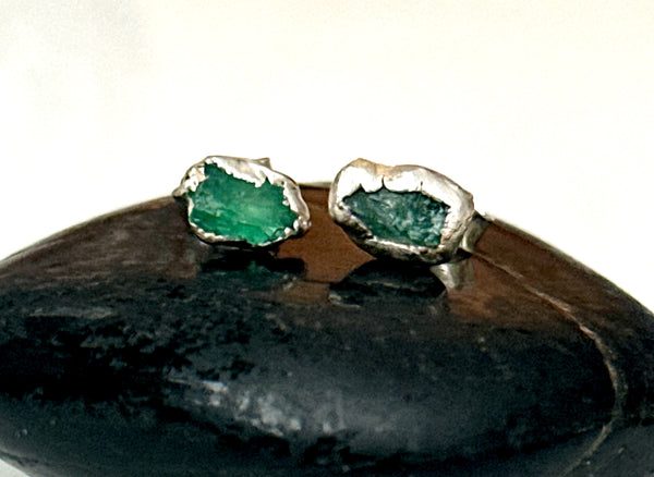 Raw Emerald Silver Stud Earrings