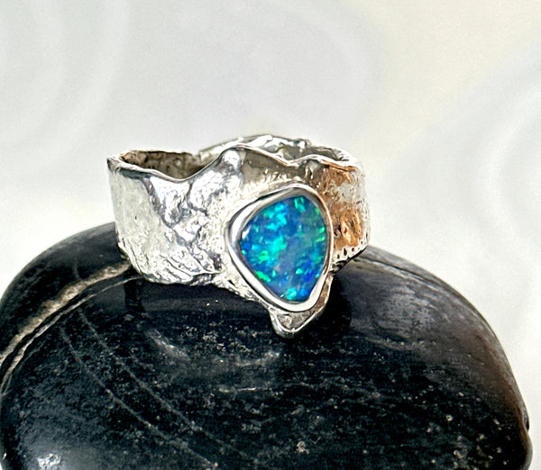 Solid Lightning Ridge Opal Sterling Silver Textured Ring