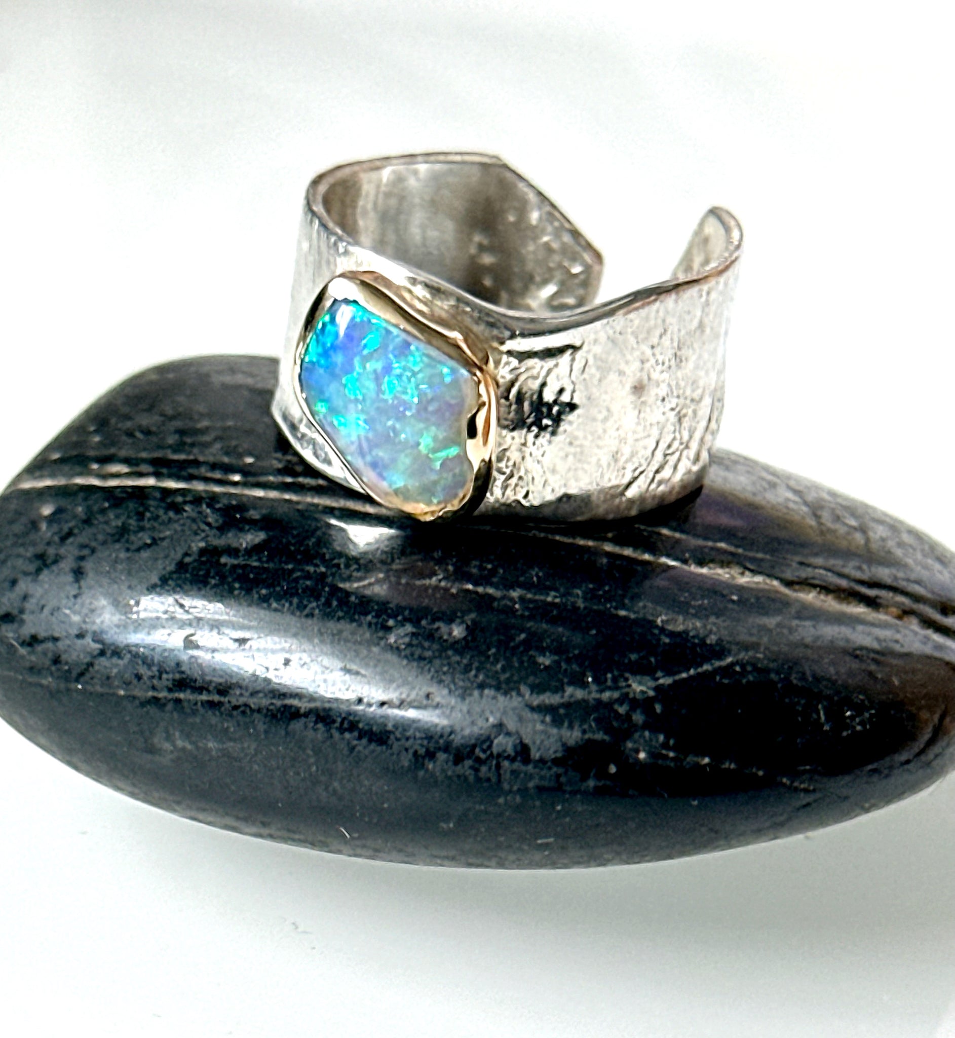 Solid Lightning Ridge Opal 9 Carat Gold & Sterling Silver Ring