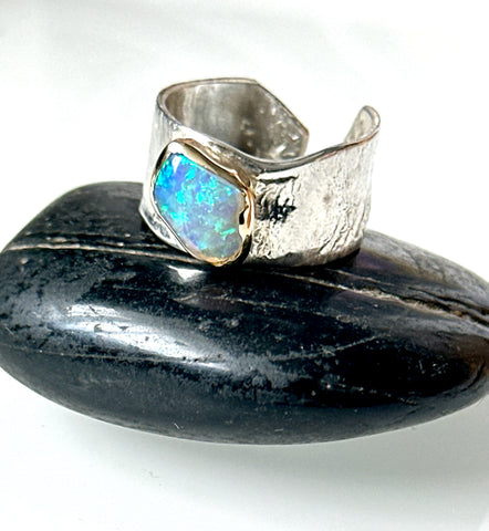 Solid Lightning Ridge Opal 9 Carat Gold & Sterling Silver Ring