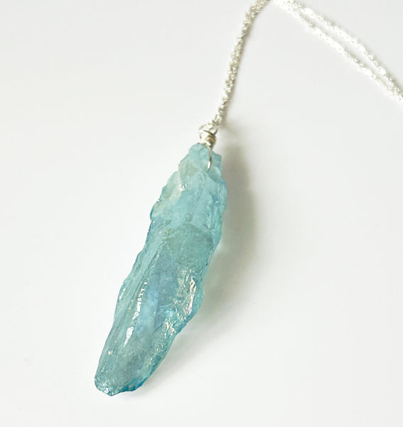 Blue Aura Crystal Quartz Sterling Silver Pendant Necklace