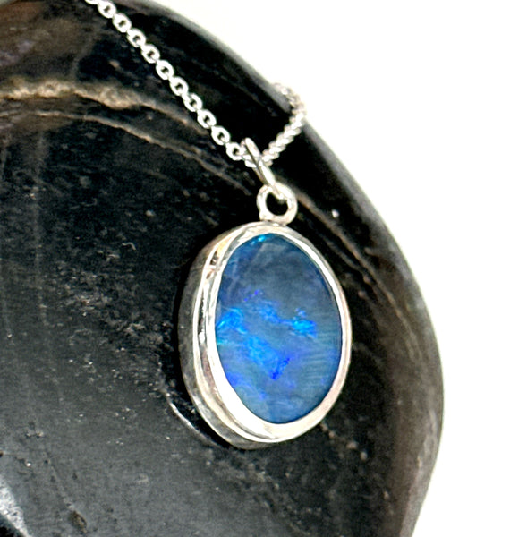 Solid Black Lightning Ridge Opal Sterling Silver Pendant Necklace