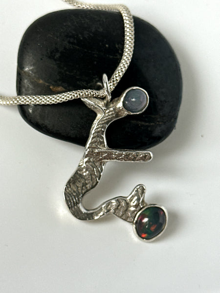 Unique Sterling Silver Cuttlefish Pendant featuring 2 Solid Ethiopian Welo Opals on a chain