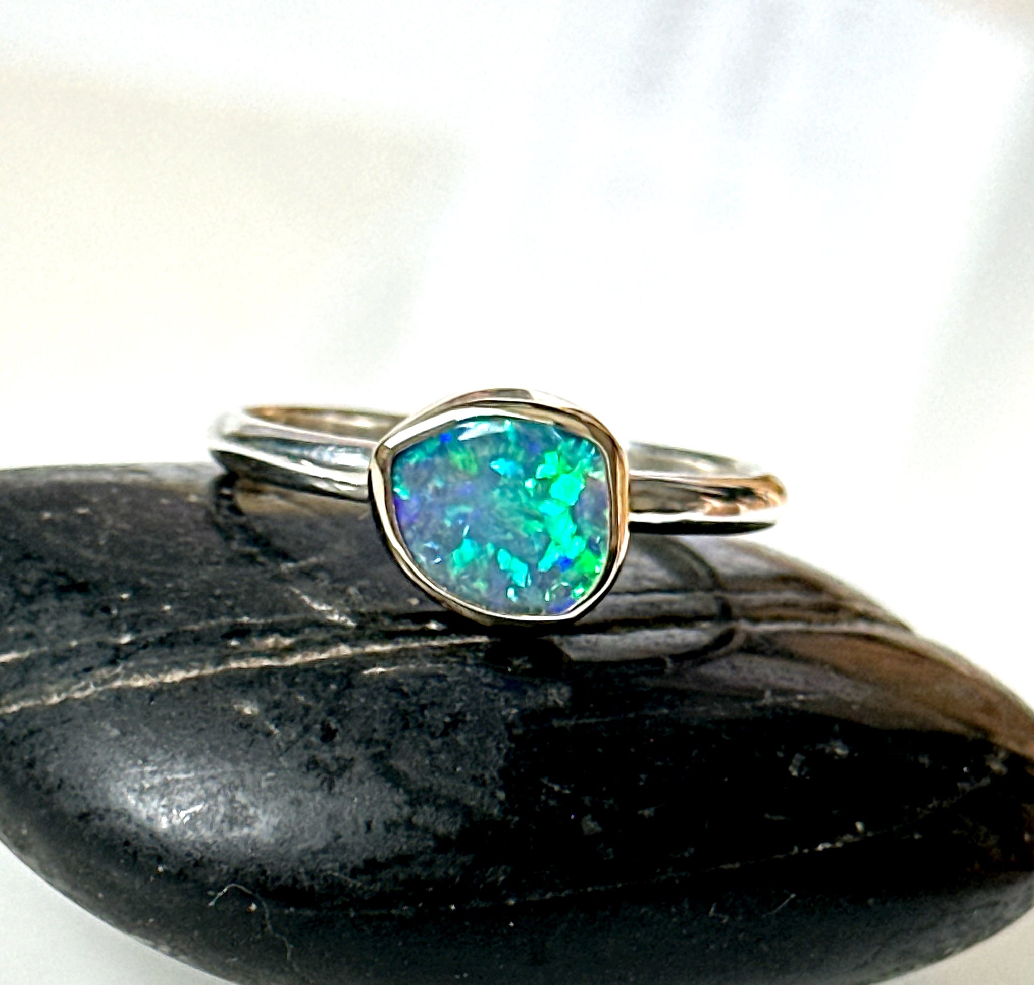 Solid Lightning Ridge Opal 9 Carat & Sterling Silver Ring