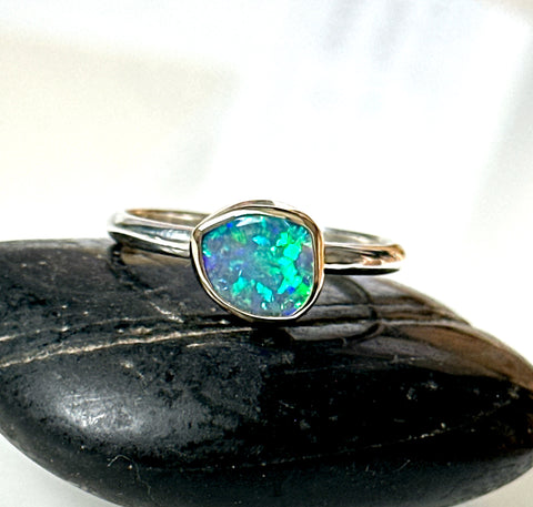 Solid Lightning Ridge Opal 9 Carat & Sterling Silver Ring
