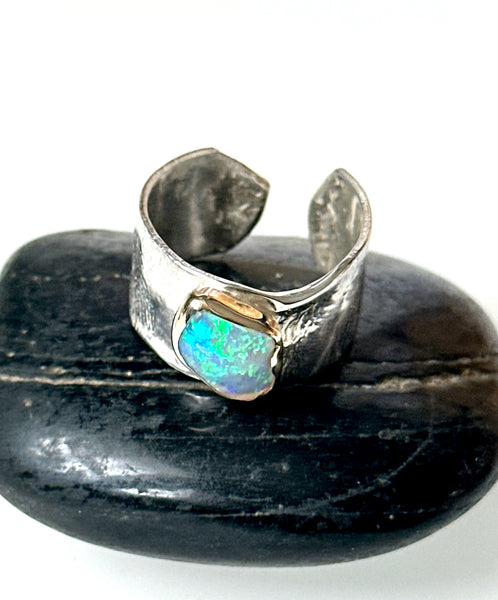 Solid Lightning Ridge Opal 9 Carat Gold & Sterling Silver Ring