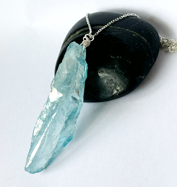 Blue Aura Crystal Quartz Sterling Silver Pendant Necklace