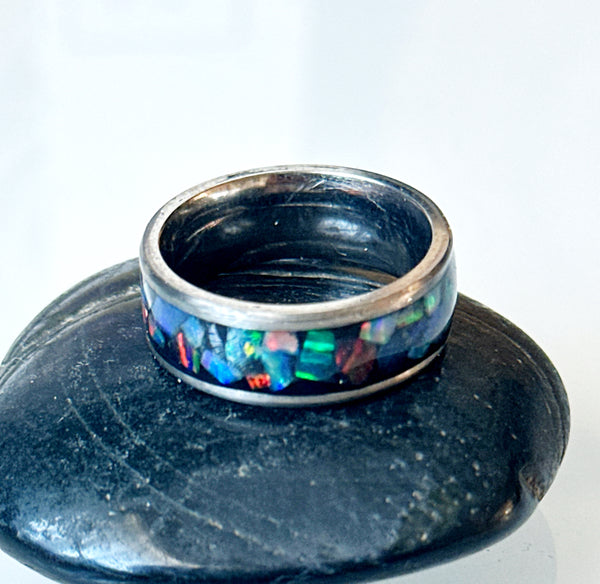 Opal Inlay Titanium Unisex Ring