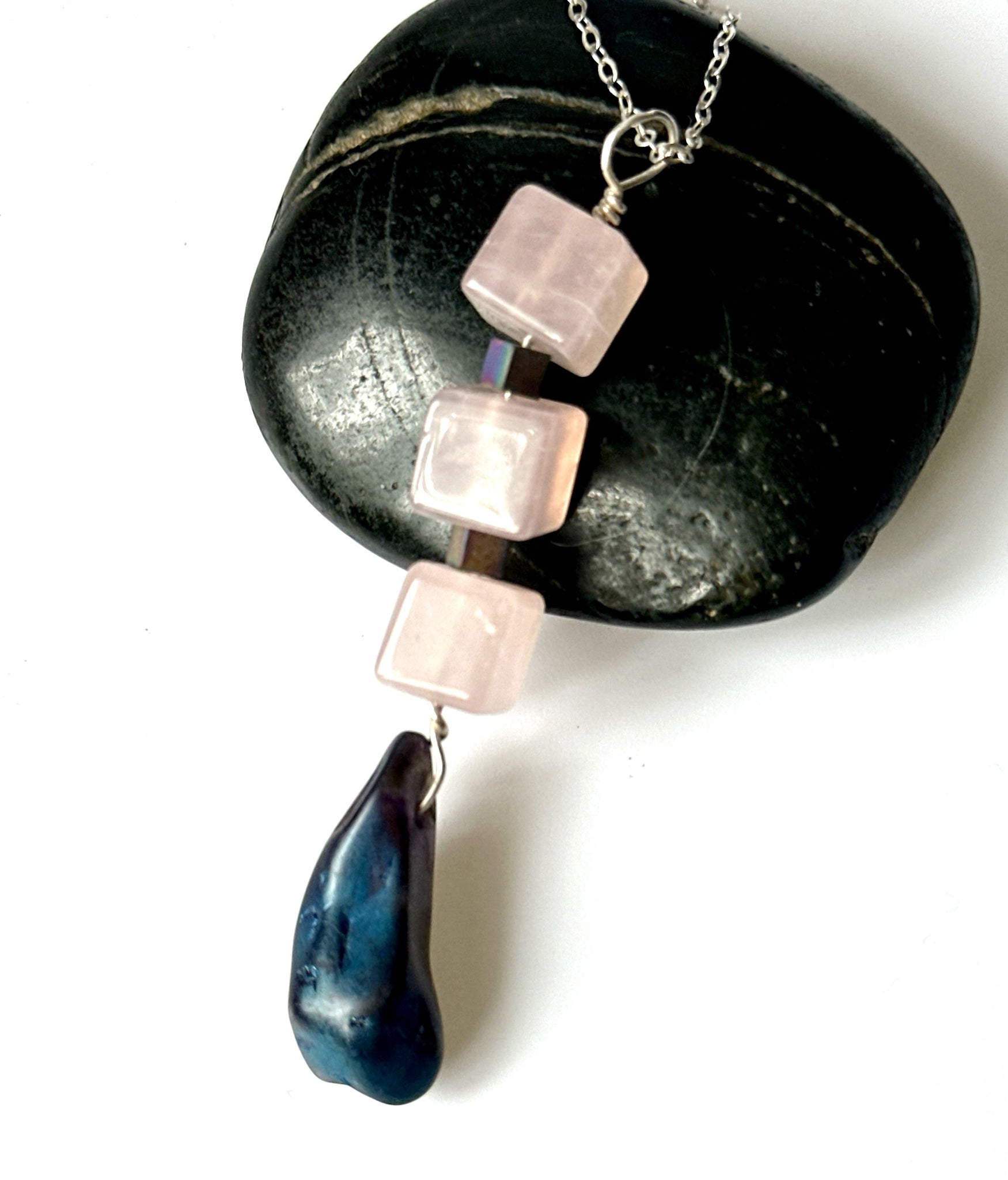 Blue Quartz, Rose Quartz and Hemitate Sterling Silver Pendant Necklace.