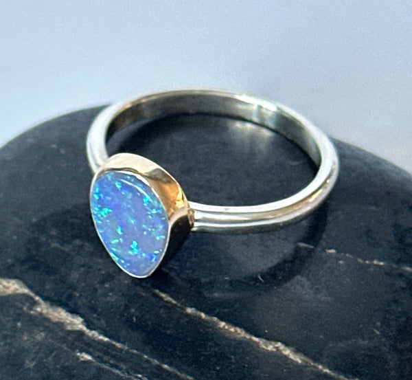 9ct gold and silver Australian black opal ring.