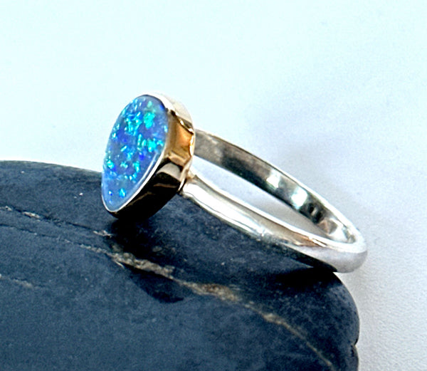 9ct gold and silver Australian black opal ring.