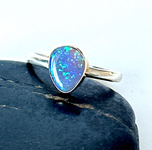 9ct gold and silver Australian black opal ring.