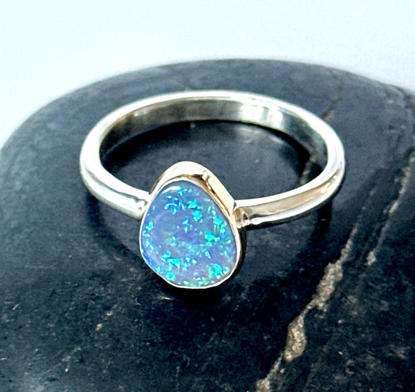 9ct gold and silver Australian black opal ring.