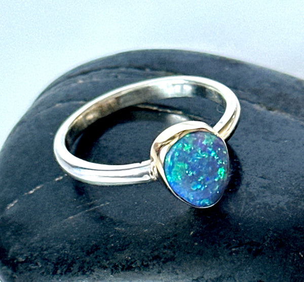 9ct gold and silver Australian black opal ring.