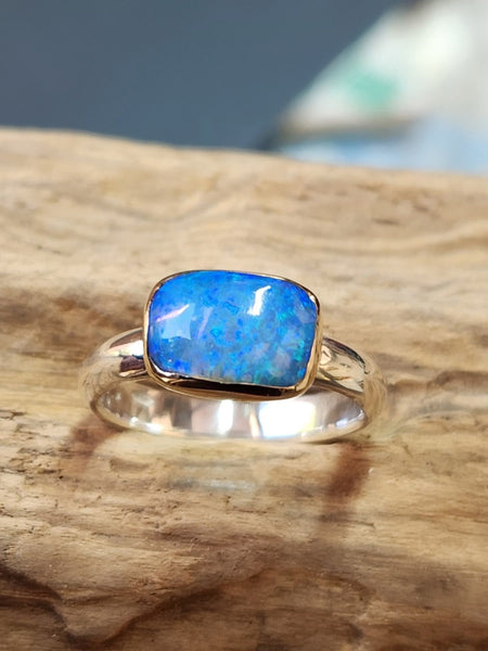 Solid Mintabie Opal 9 carat Gold & Silver Ring