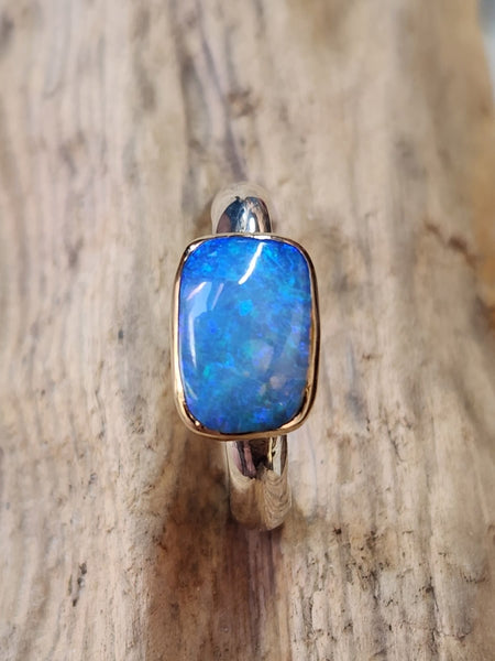 Solid Mintabie Opal 9 carat Gold & Silver Ring