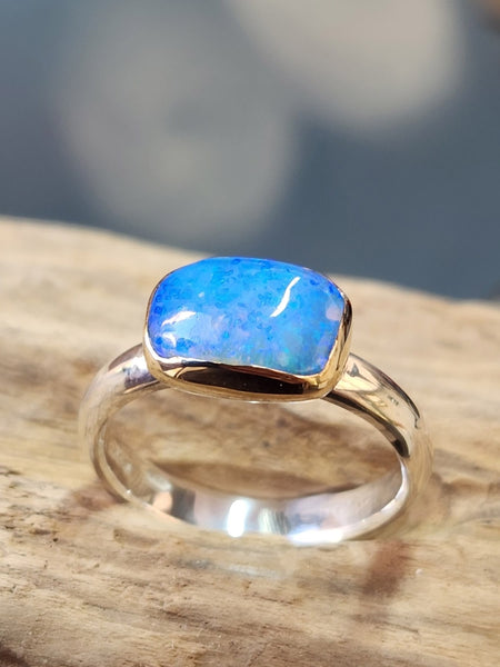 Solid Mintabie Opal 9 carat Gold & Silver Ring