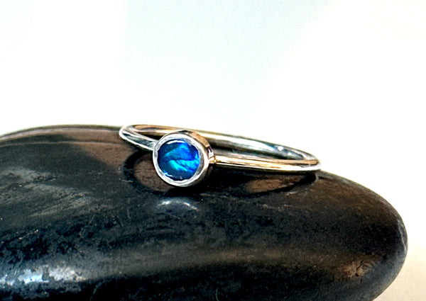 Solid Black Lightning Ridge Opal Sterling Silver Ring