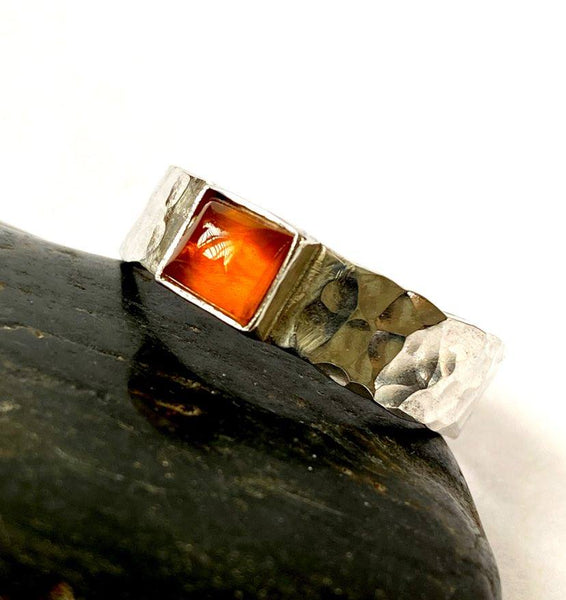Unisex American Fire Opal Hammered Textured Ring - Glitter and Gem Jewellery