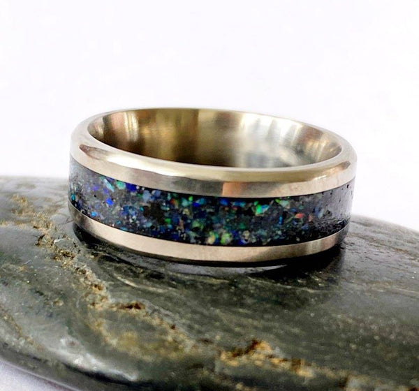 Titanium Inlay Natural Opal Unisex Ring Band - Glitter and Gem Jewellery