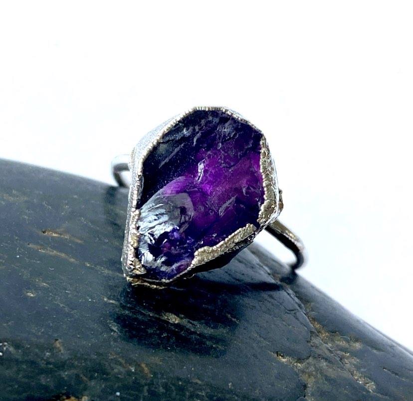 Rough Amethyst Silver Formed Textured Ring - Glitter and Gem Jewellery