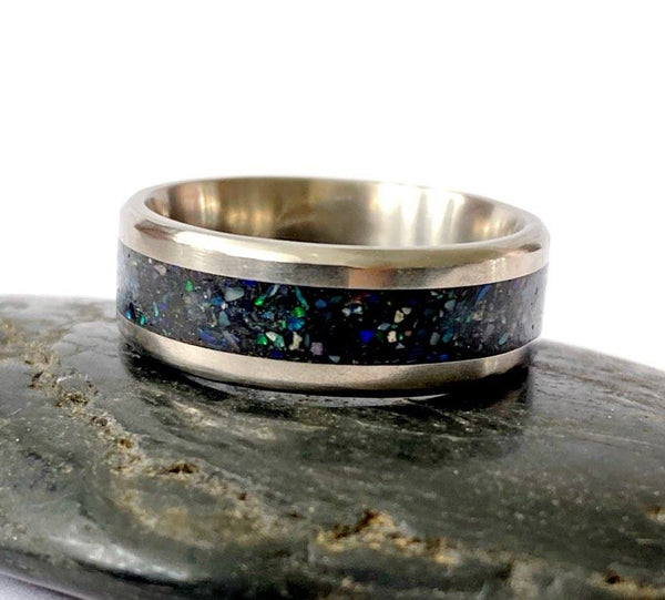 Titanium Inlay Natural Opal Unisex Ring Band - Glitter and Gem Jewellery