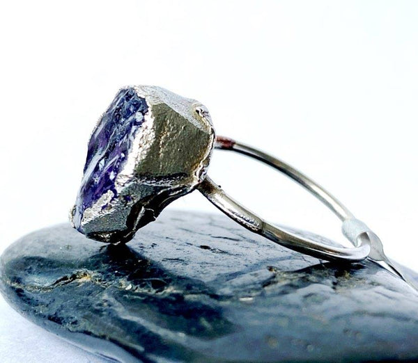 Rough Amethyst Silver Formed Textured Ring - Glitter and Gem Jewellery