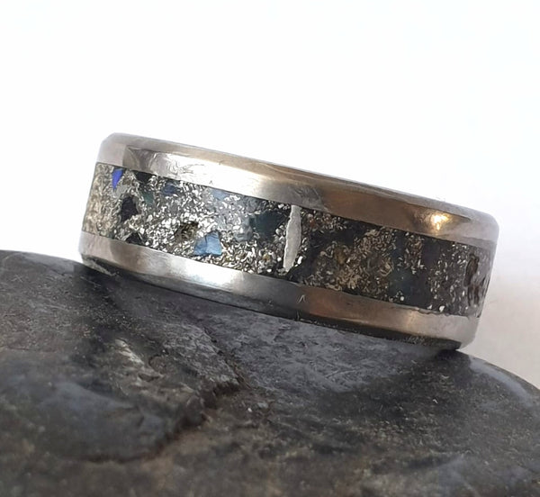 Titanium Welo Opal & Silver Dust Inlay Unisex Ring Band - Glitter and Gem Jewellery