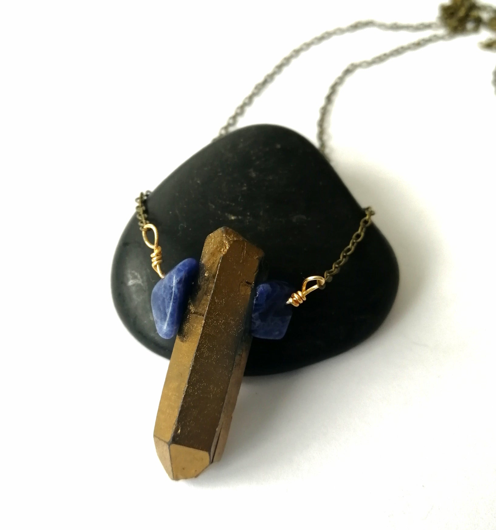 Gold Quartz and Sodalite Long Antique Brass Necklace - Glitter and Gem Jewellery