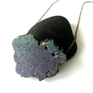 Electroplated Quartz Geode Floating Long Antique Brass Necklace - Glitter and Gem Jewellery