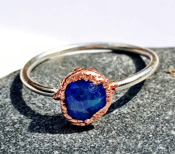 Lightning Ridge Hand Cut Natural Opal, Sterling Silver & Copper, Ring size P/Q US Ring size 8. - Glitter and Gem Jewellery