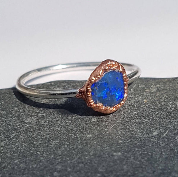 Lightning Ridge Hand Cut Natural Opal, Sterling Silver & Copper, Ring size P/Q US Ring size 8. - Glitter and Gem Jewellery