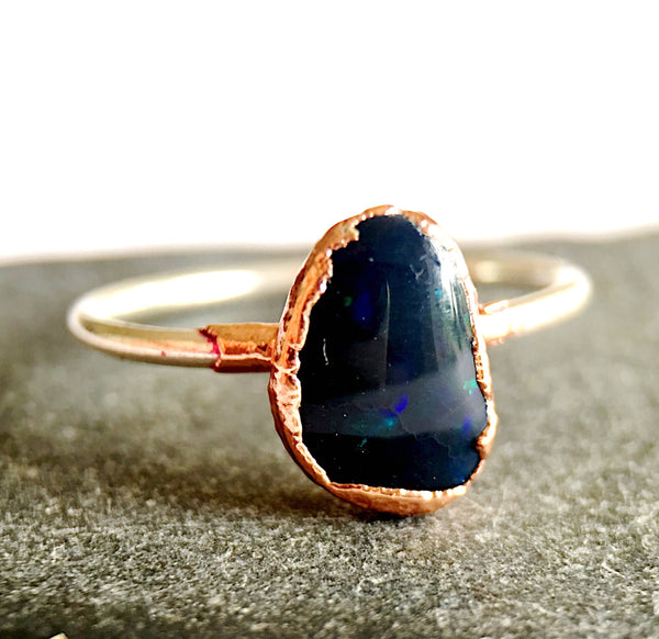 Solid Black Lightning Ridge Opal Silver & Copper Ring - Glitter and Gem Jewellery