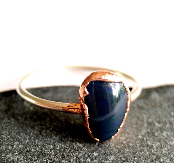 Solid Black Lightning Ridge Opal Silver & Copper Ring - Glitter and Gem Jewellery