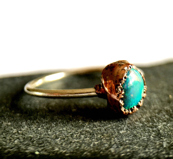 Solid Lightning Ridge Opal Silver & Copper Ring - Glitter and Gem Jewellery
