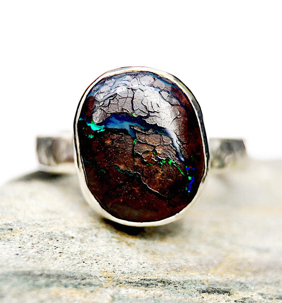Natural Boulder Opal Sterling Silver Ring - Glitter and Gem Jewellery