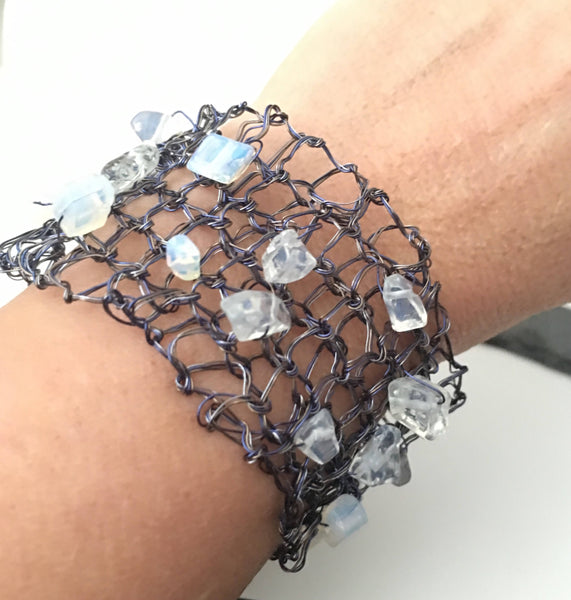 Hand woven Opalite & Deep Blue/Silver Wire Bracelet - Glitter and Gem Jewellery