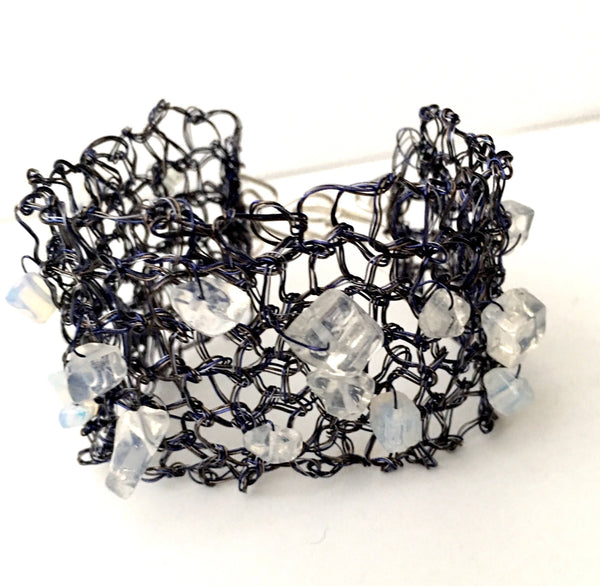 Hand woven Opalite & Deep Blue/Silver Wire Bracelet - Glitter and Gem Jewellery