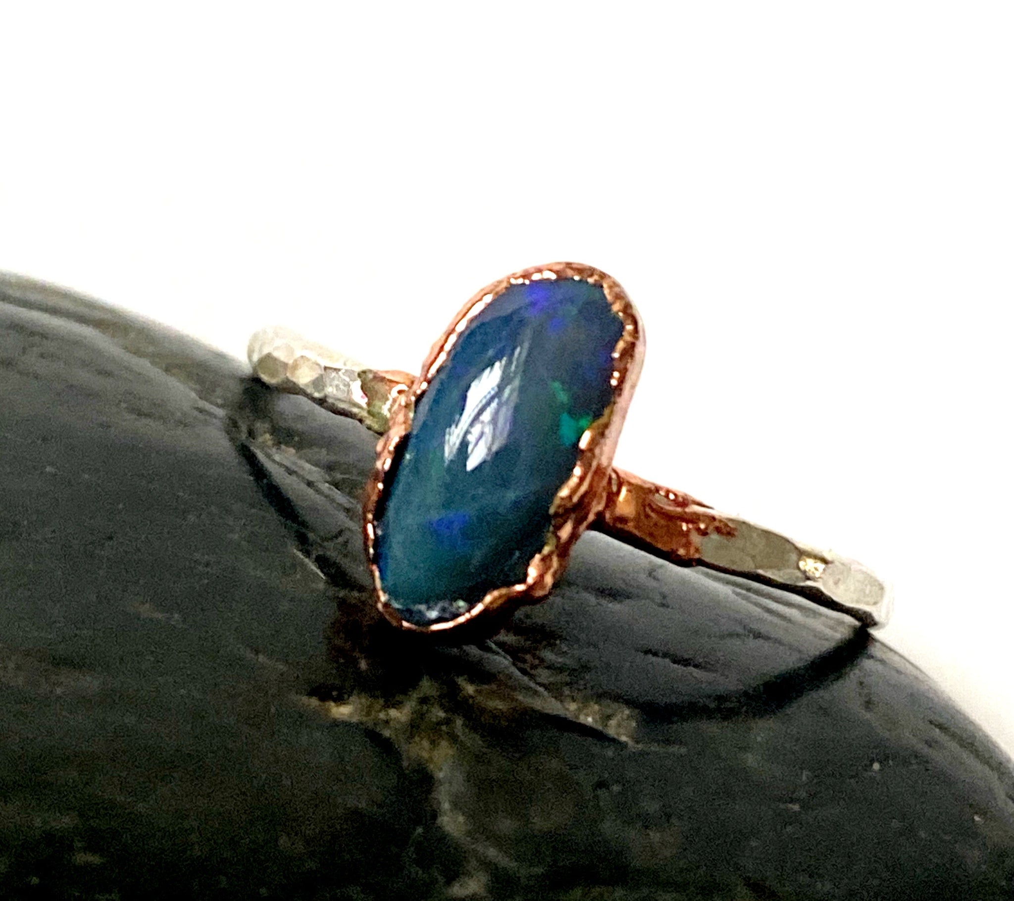 Solid Black Lightning Ridge Opal Copper & Silver Ring - Glitter and Gem Jewellery